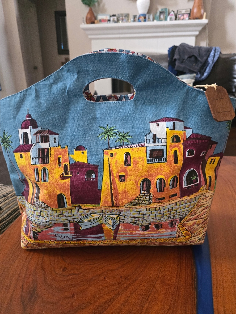 Paul Brent Colorful Mediterranean Village Tote Bag - Blue, Yellow, Maroon